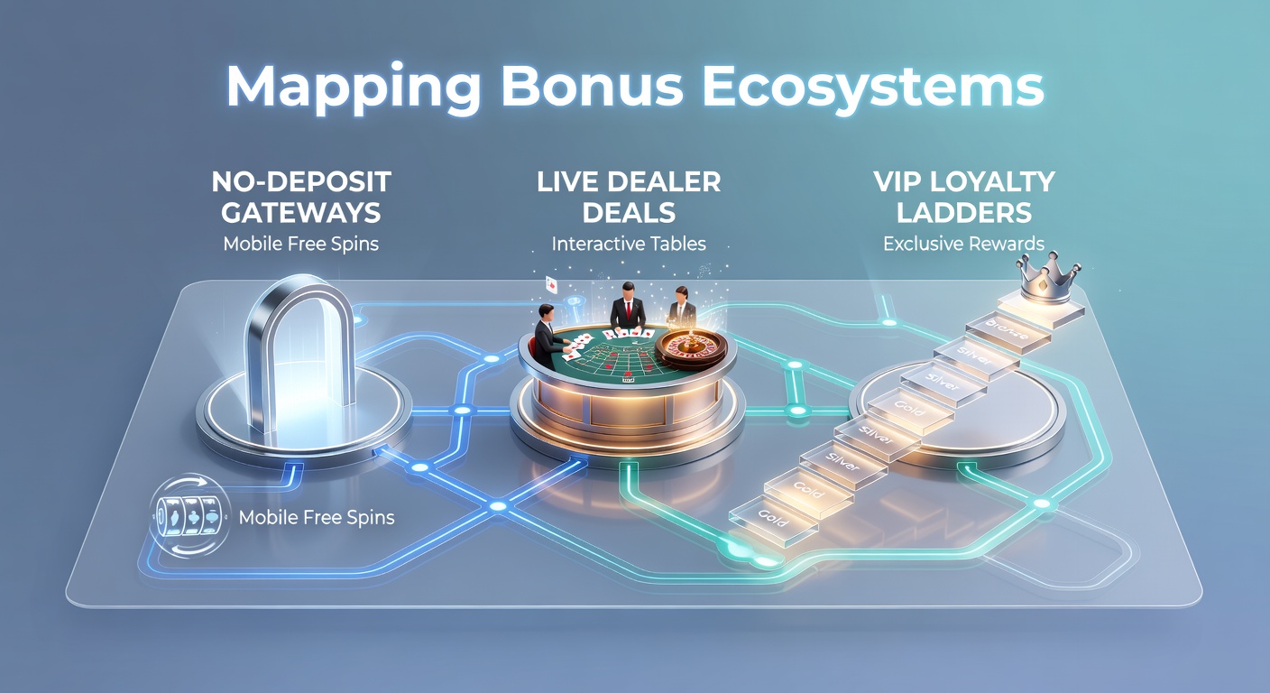 Grafische Darstellung eines Bonus-Ökosystems mit No-Deposit-Einstiegen, die zu mobilen Free Spins und VIP-Stufen führen