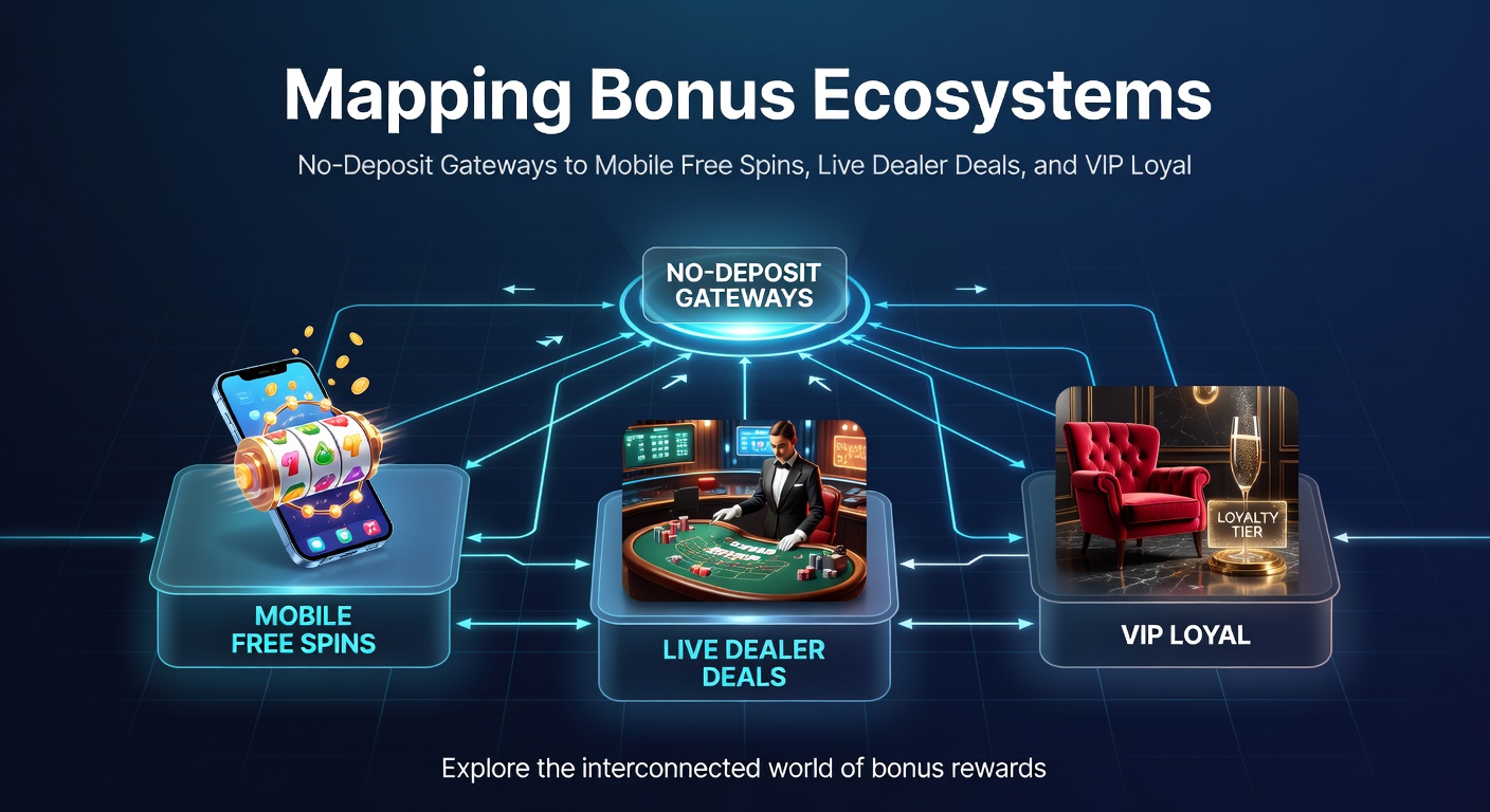 Visuelle Karte eines Bonus-Pfads von No-Deposit über Live-Dealer zu VIP-Loyalty-Ladders mit ikonischen Symbolen