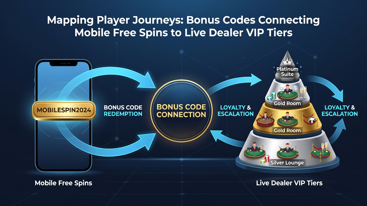 Illustration des Übergangs von mobilen Spins zu Live-Dealer-VIP-Tischen über Bonuscodes