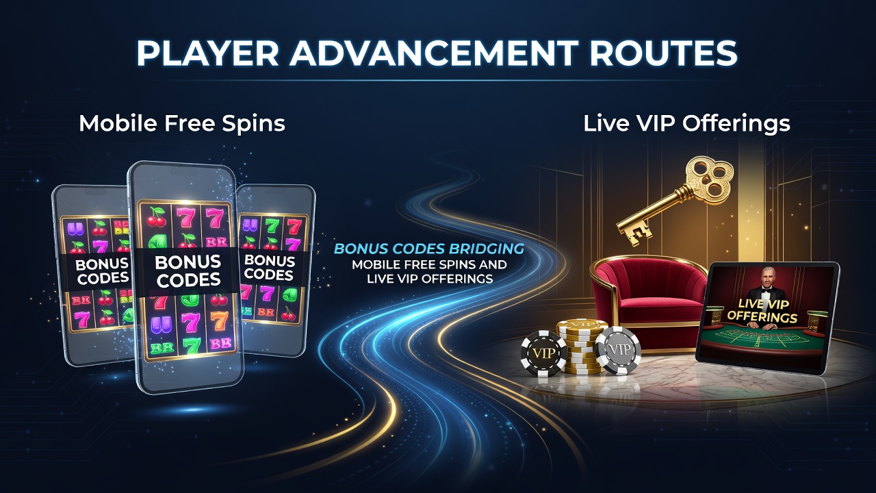 Illustration der Spielerfortschrittswege von mobilen Free Spins zu Live-VIP-Angeboten über Bonus-Codes