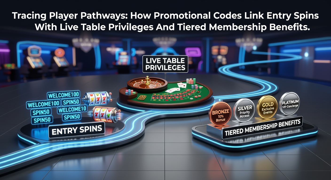 Illustration showing promotional codes linking entry spins to live casino tables and membership tiers in online gaming environments